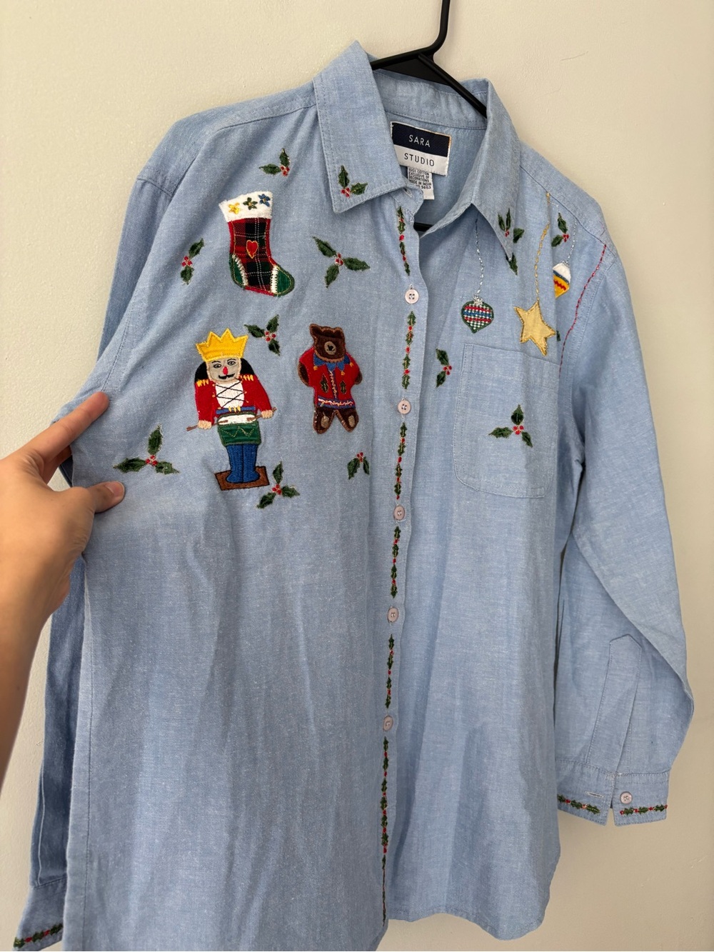 Vintage Holiday Embroidered Nutcracker Cottagecore Blue Christmas Shirt - XL